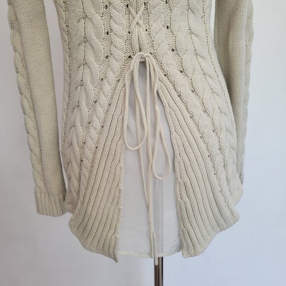 CAbi Cable Knit Sweater Cream Lace Up Mixed Media Cotton 3157 Women XS - Picture 8 of 13